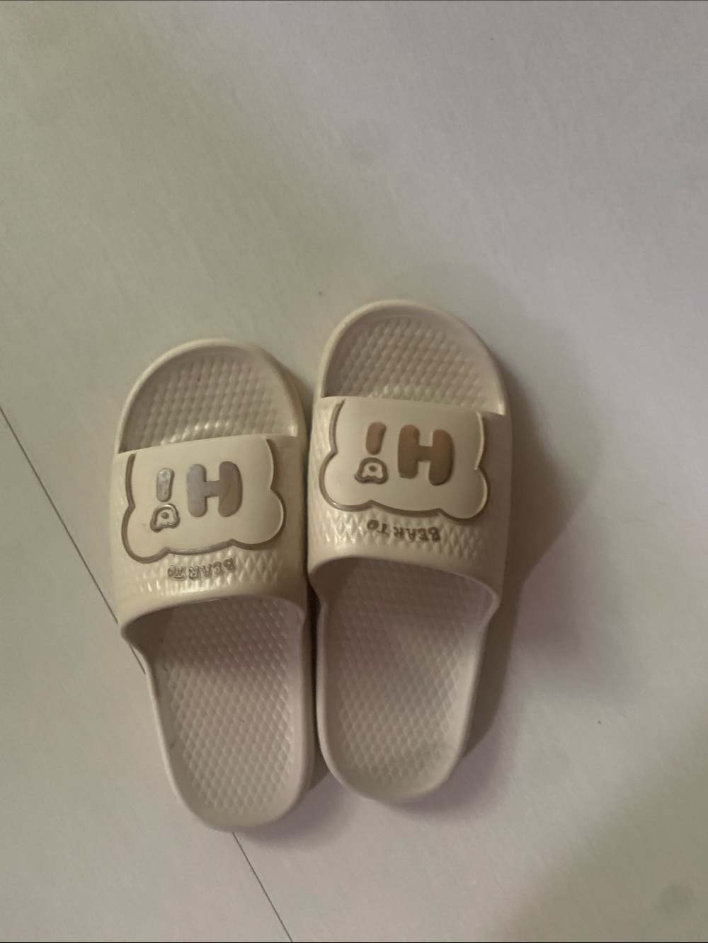 Kids Cream Slide Sandals with Cute Bear Accent